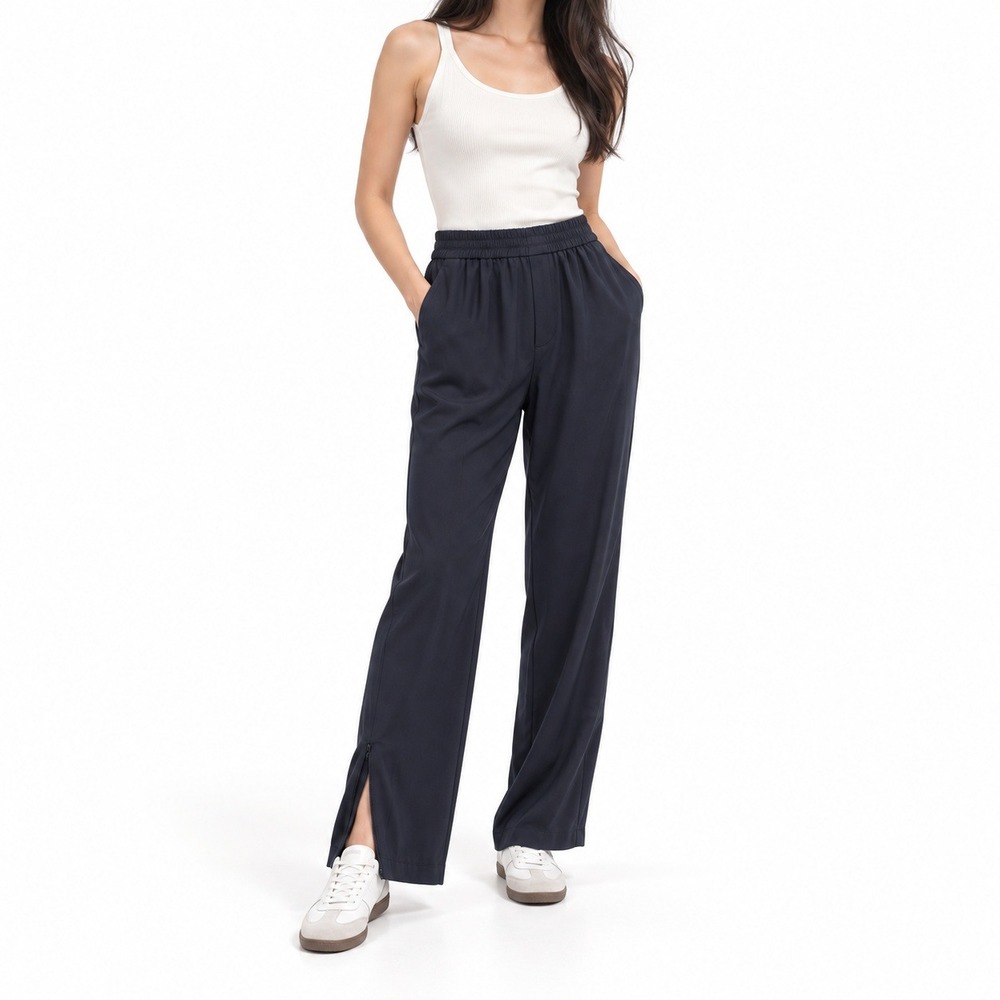VINCE Wide Leg Elastic Waist Ankle Zip Trousers in Navy Blue. Size L